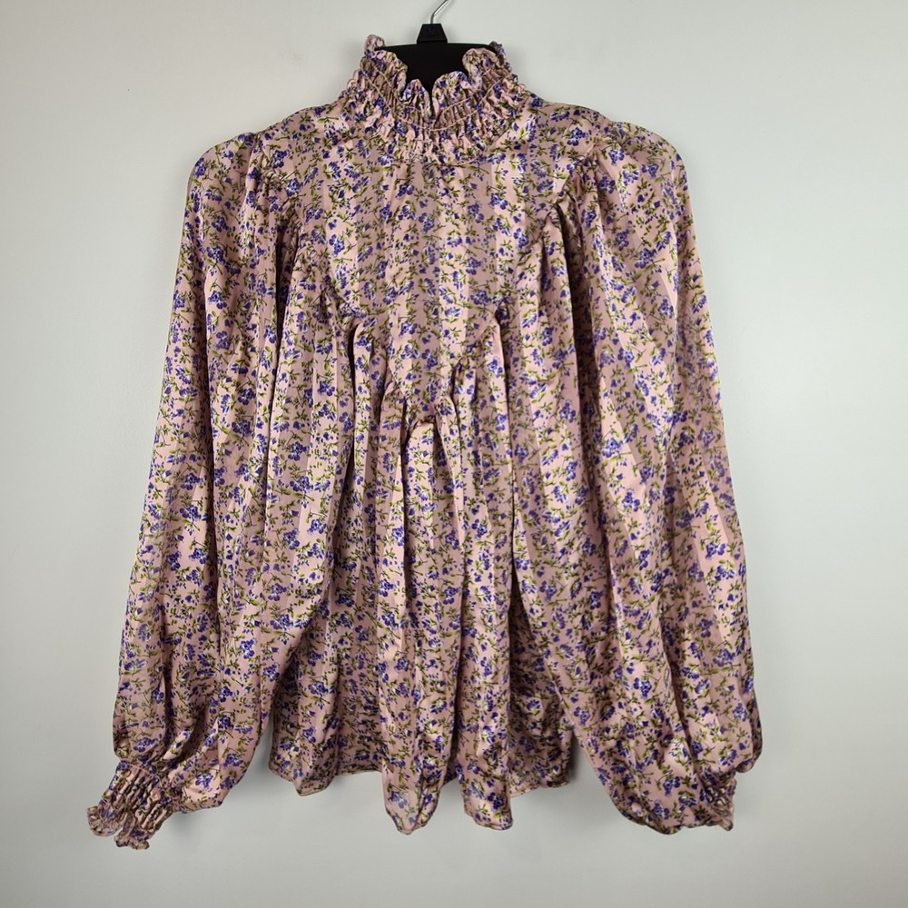 ASOS‎ Design Satin Floral High Neck Balloon Sleeve Blouse US 4 Smocked Victorian